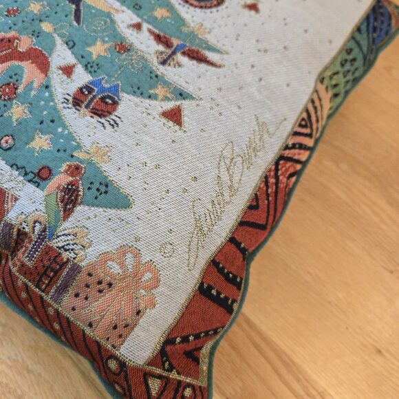 Laurel Burch Cats Tapestry Throw Pillow Christmas Tree Cats Animals 17" Green Bk - Picture 5 of 11